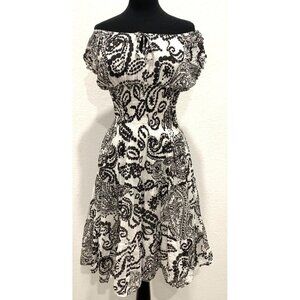 MLL GABRIELLE Black and White Paisley Ruched Off Shoulder Dress M